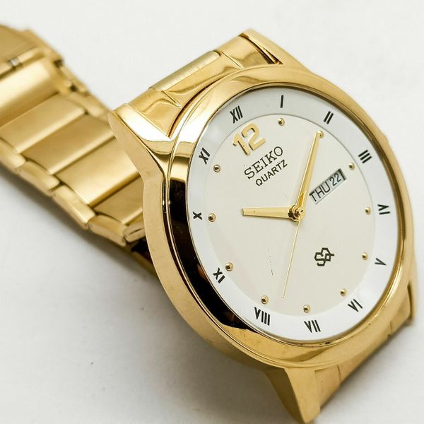 Seiko Quartz Day & Date Gold Plated Black Dial 44mm Men's Japanese