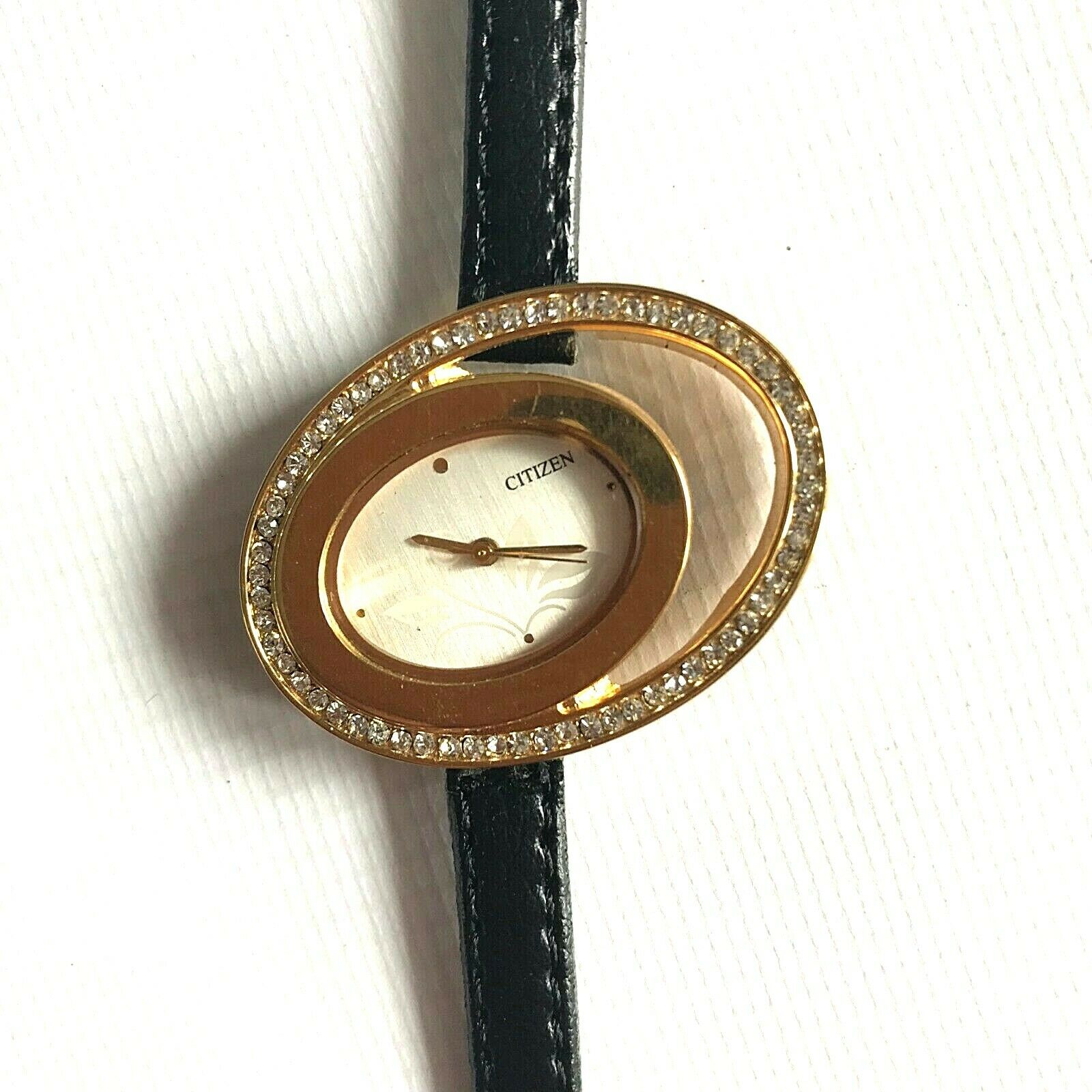 Citizen 414789-14 Ladies Oval Diamante Gold Plated Watch / Leather