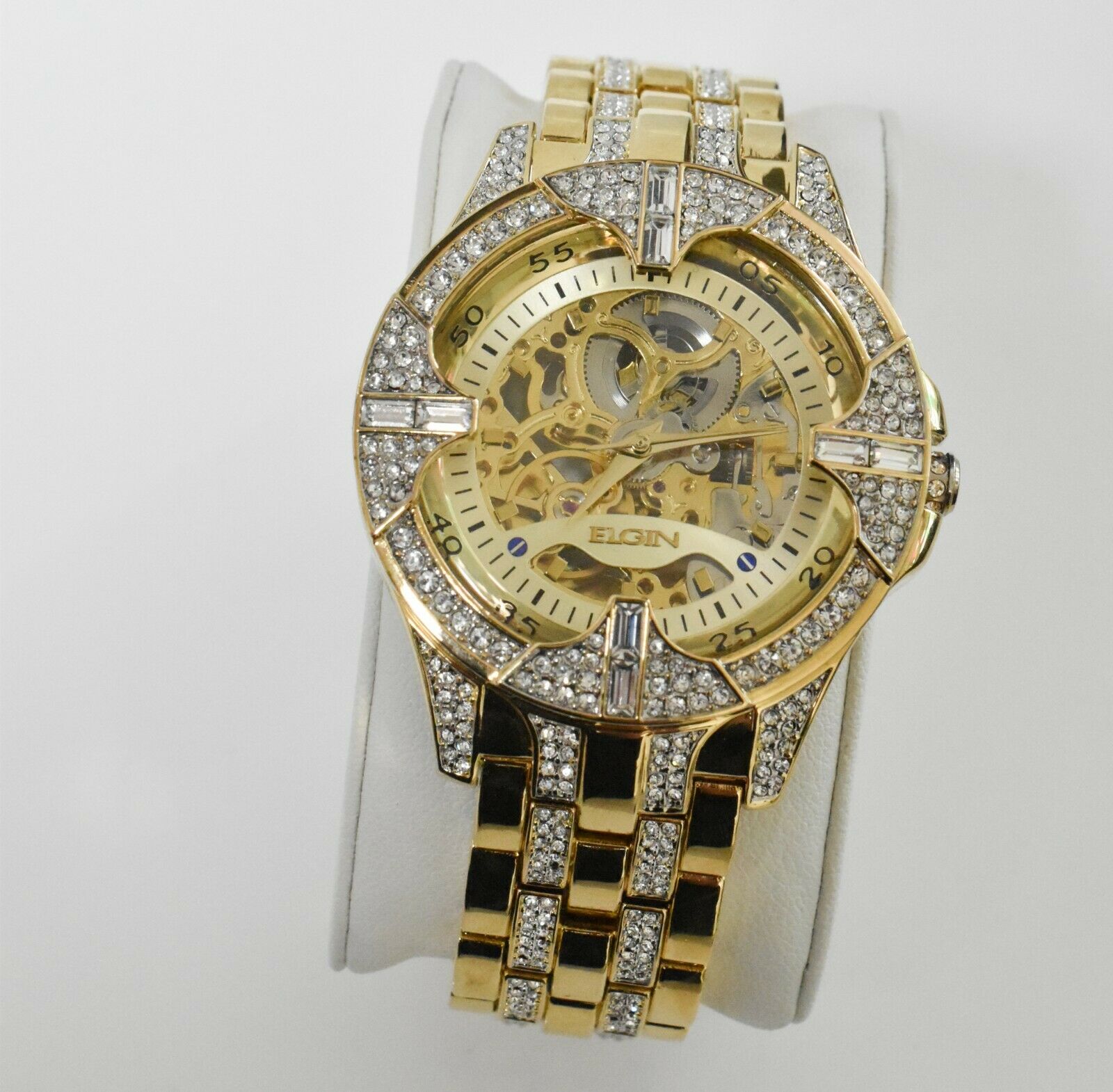 Elgin men's crystal bezel transparent automatic skeleton watch gold sale