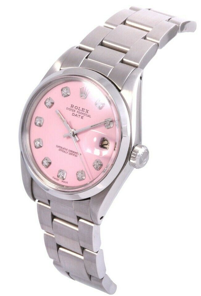 Rolex Stainless Steel 34mm Date Bubble Gum Pink Diamond Dial