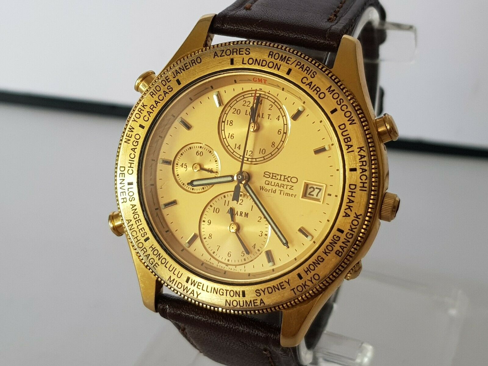 SEIKO QUARTZ WORLD TIMER Age of Discovery 5T52-7A20- RARE VINTAGE