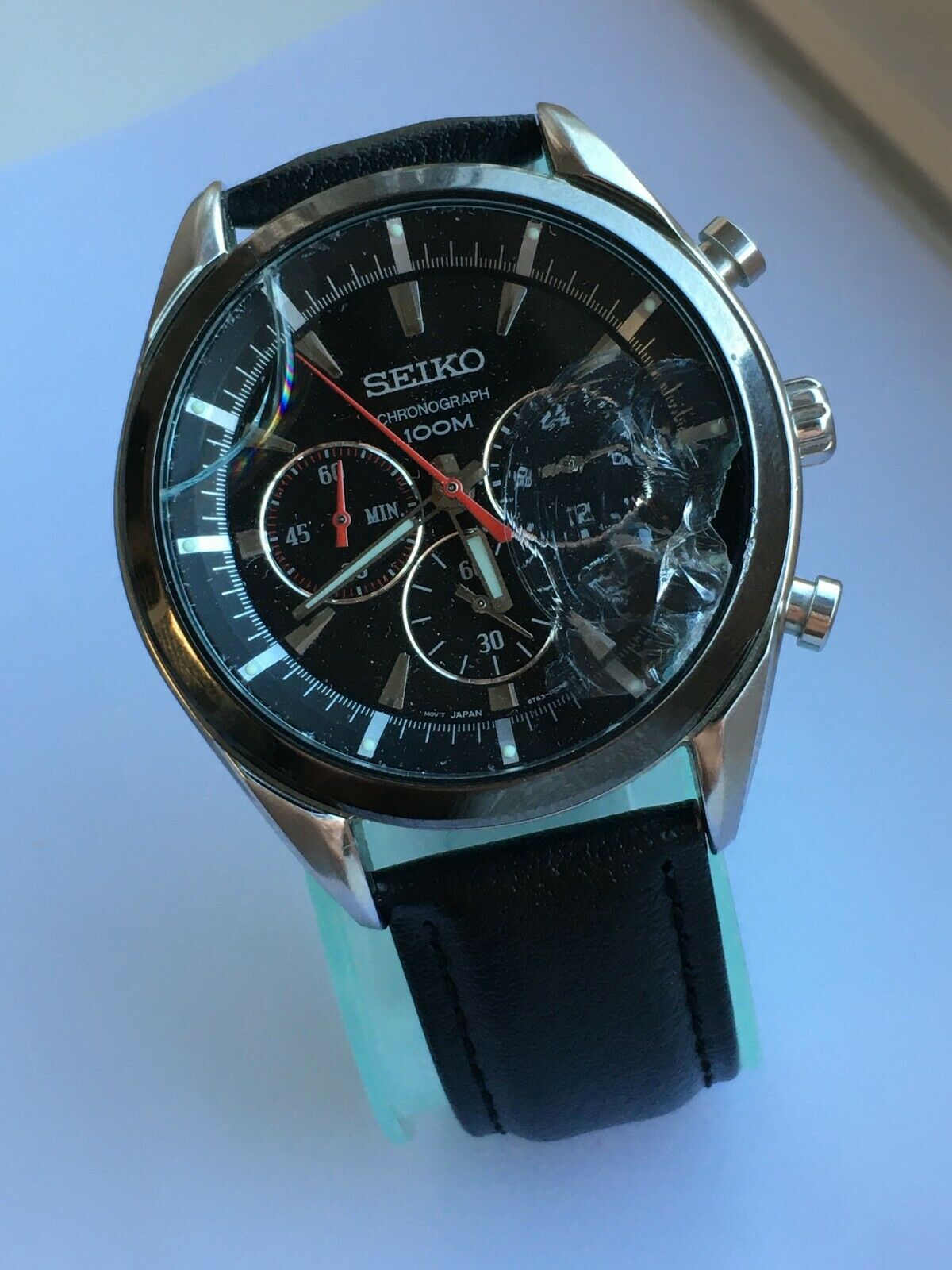 Seiko Gents Chronograph Wristwatch 6T63-00H0 Black Leather Strap