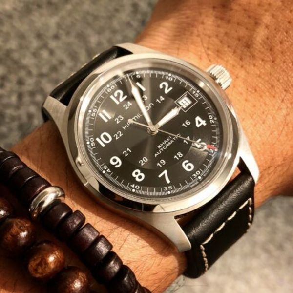 Hamilton Khaki Field Auto 38mm Black Leather Strap & Strapcode Bracelet