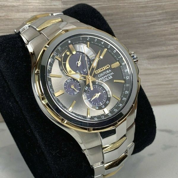 Seiko Coutura Solar Men s Two Tone Watch Chronograph Perpetual Alarm SSC376 WR WatchCharts Marketplace