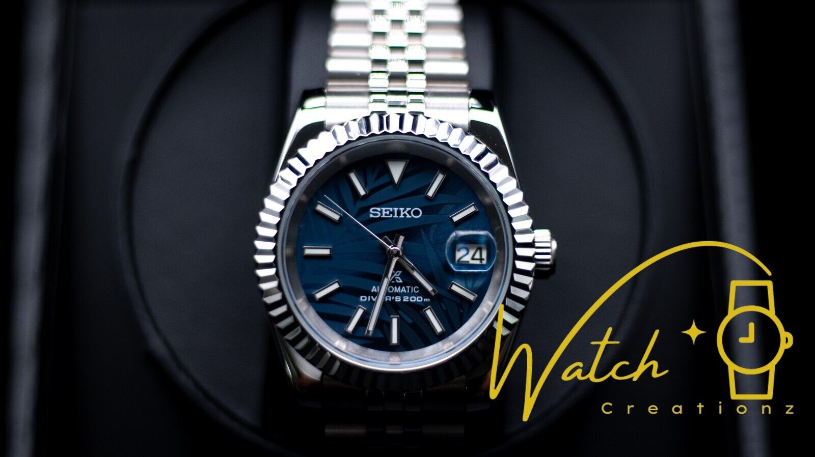 Custom Watch NH35 Seiko 39mm Datejust Mod Blue Palm Motif
