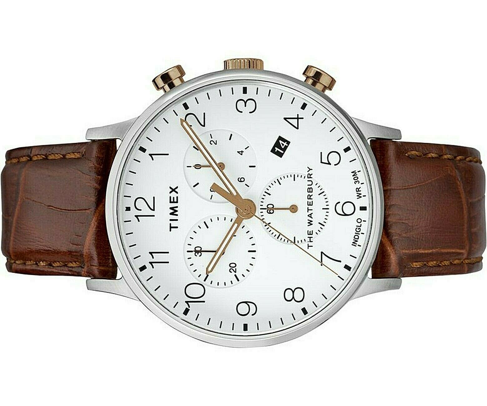 TIMEX MEN S WATERBURY CHRONOGRAPH WHITE FACE BROWN BAND WATCH