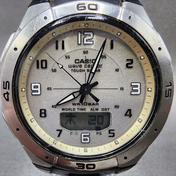 Casio Wave Ceptor Watch Men 42mm Silver Dial Silver Tone Analog Digital ...