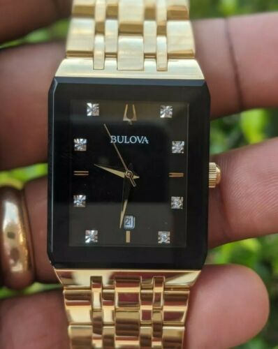 Bulova Modern Diamond Accent Gold Tone Watch with Rectangular