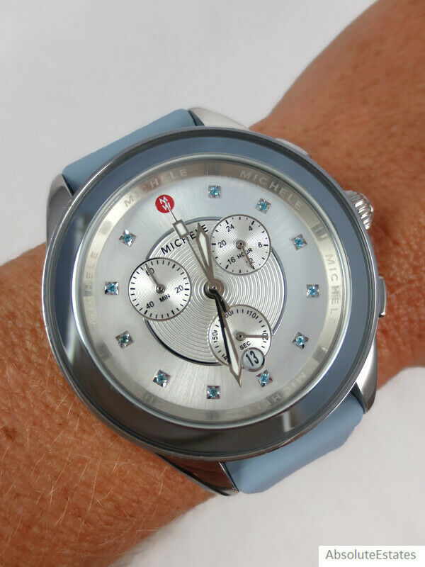 NEW Michele Cape Sky Blue Topaz Silver Chronograph Watch