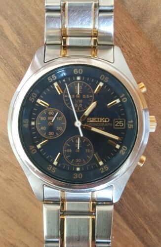 Seiko Vintage Quartz V657 0A70 Chronograph Blue Dial Mens Watch