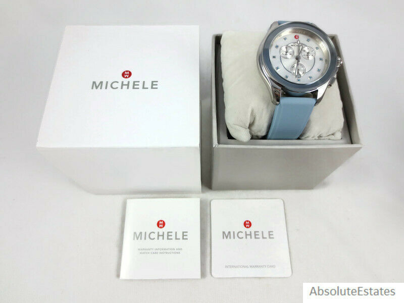 NEW Michele Cape Sky Blue Topaz Silver Chronograph Watch