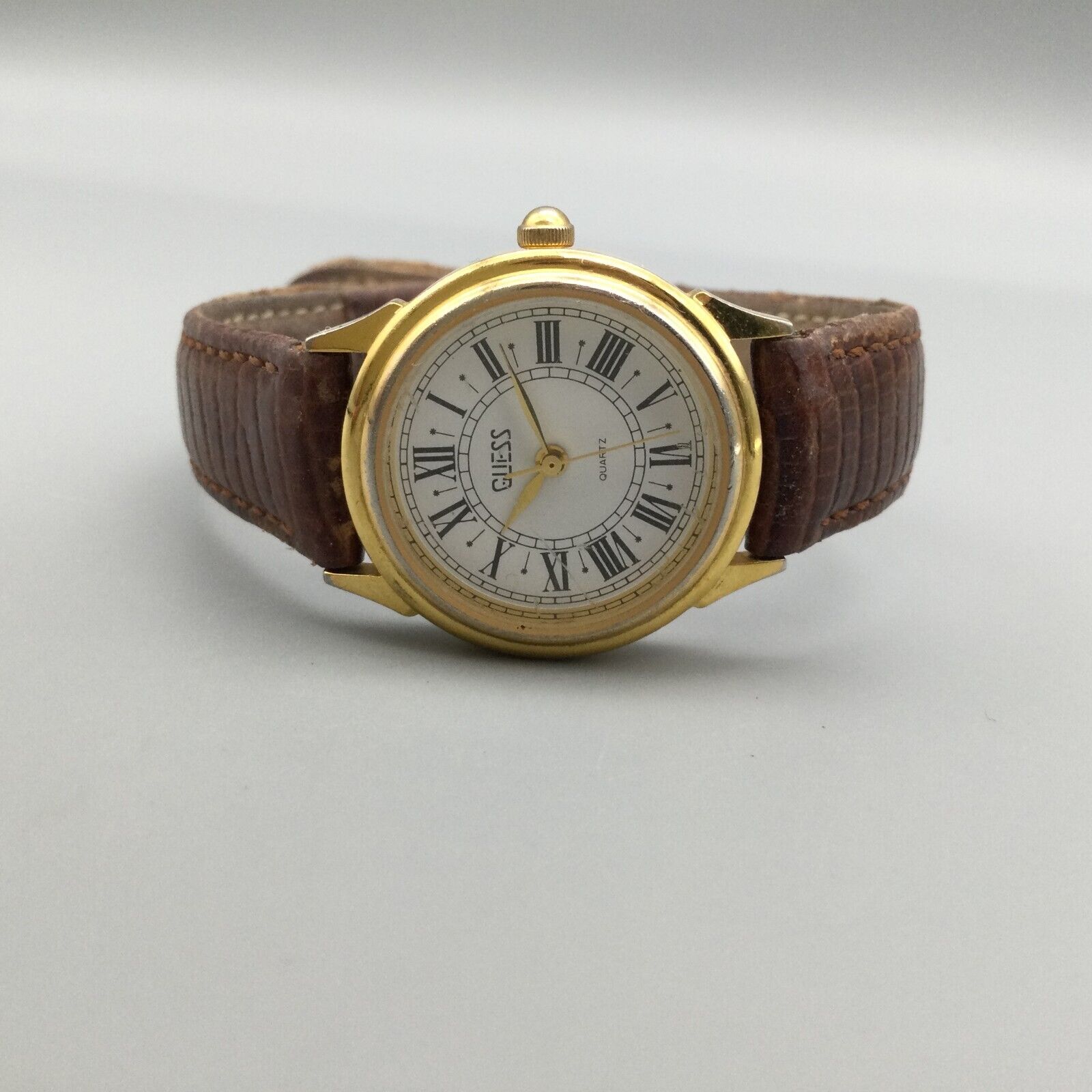 Vintage Guess Watch Women Gold Tone Brown Leather Band New  display picture 3