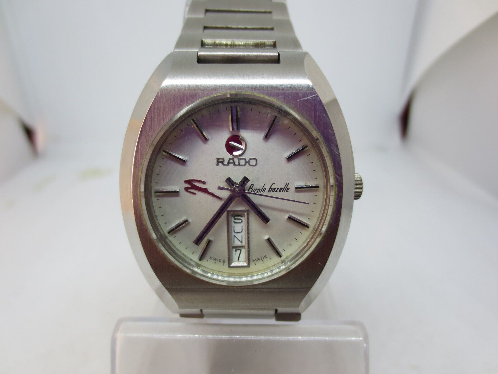 RADO PURPLE GAZELLE DAYDATE STAINLESS STEEL AUTOMATIC MENS WATCH