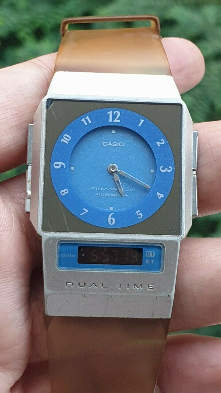 Vintage Casio FS-01 Module 2321 Dual Time Film Watch Rare Blue