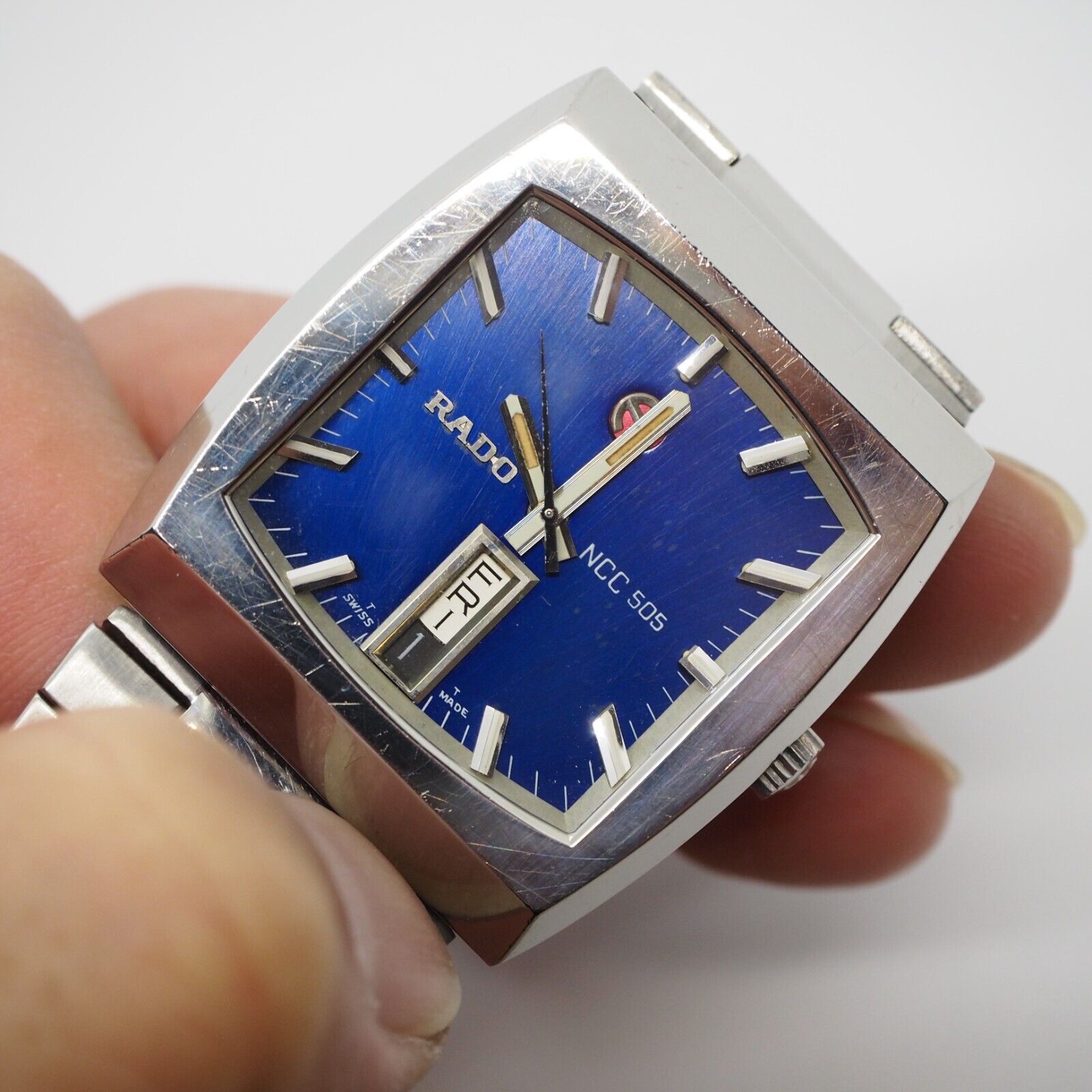 Rado Ncc505 Watch Men 35mm Blue Silver Square Vintage Swiss Day
