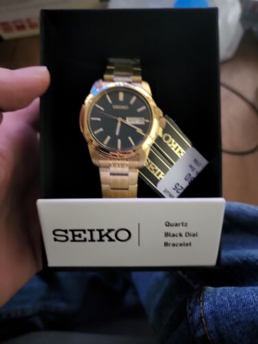 SEIKO SUR358 Essentials Quartz Black Dial Men s Watch w Gold Tone