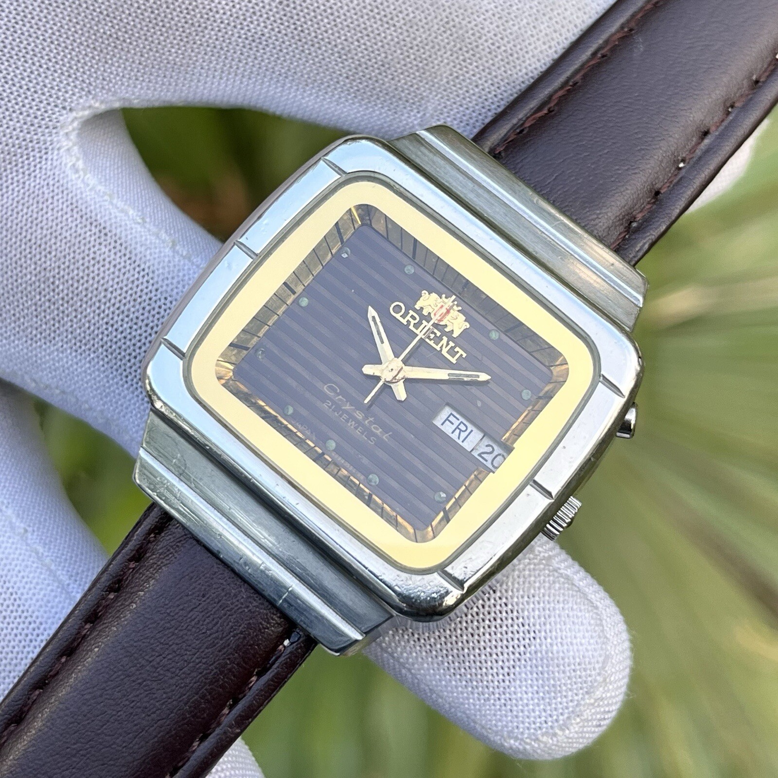 Vintage Orient Crystal Automatic Bronze Strips Dial Japan Made