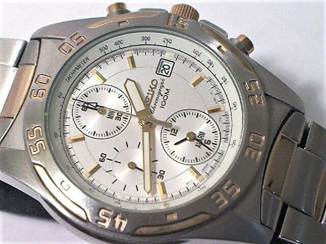 SEIKO 7T62 0CD0 MEN S 2 TONE QUARTZ CHRONOGRAPH W ALARM DATE