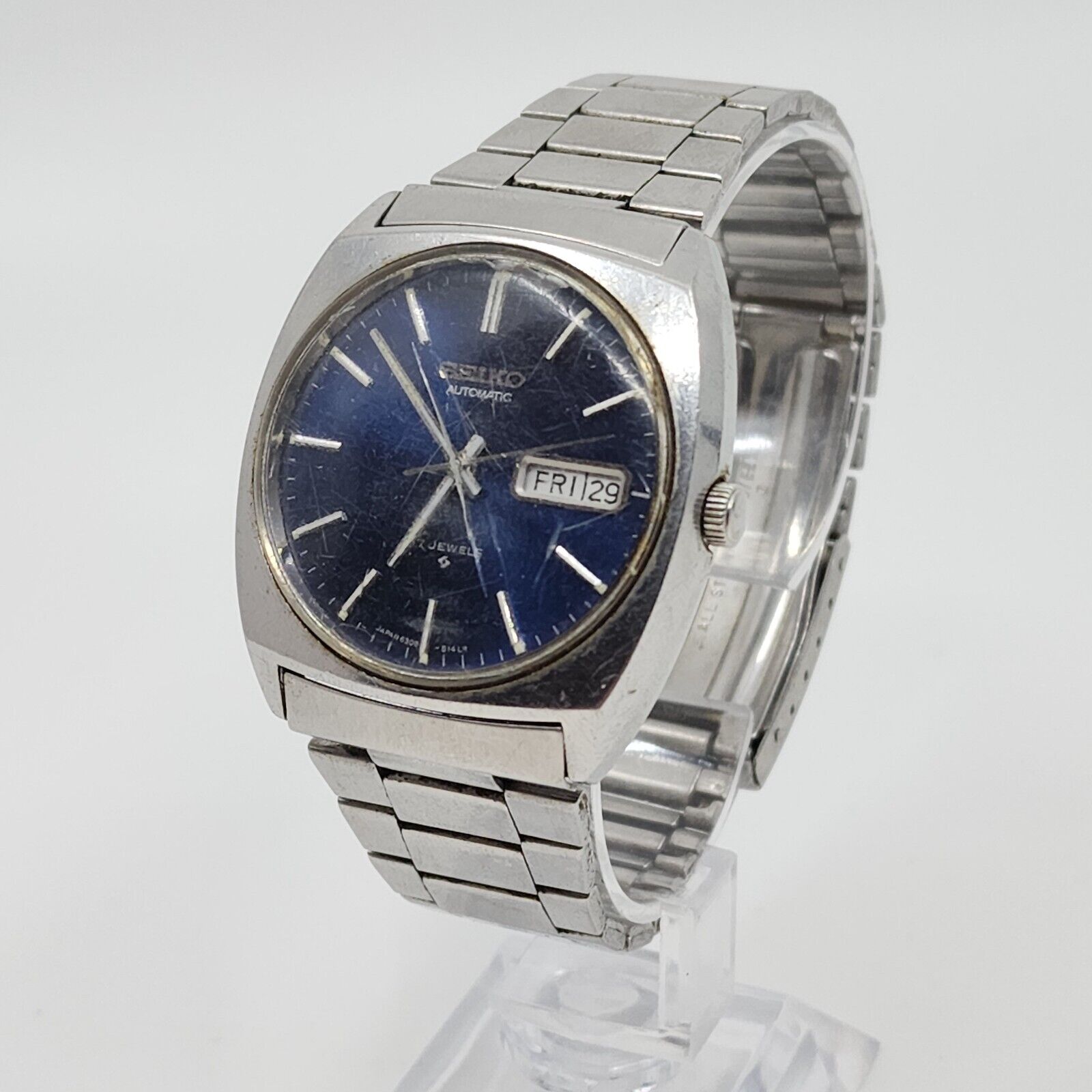 Vintage Seiko 6309 8089 17J Automatic Day Date Blue Watch Runs