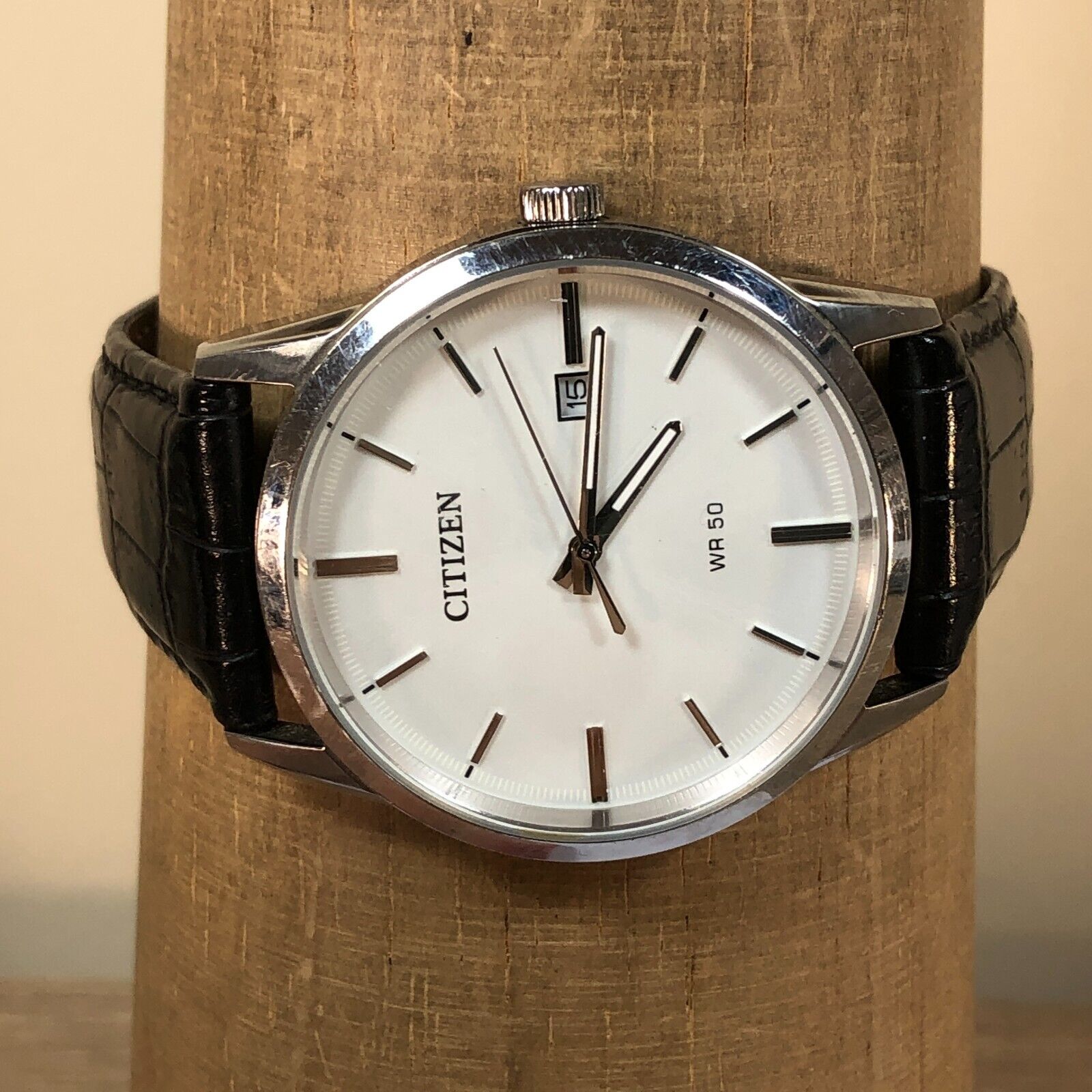 Citizen Watch Men Silver Tone Date 50M G111-S101417 Leather Band 