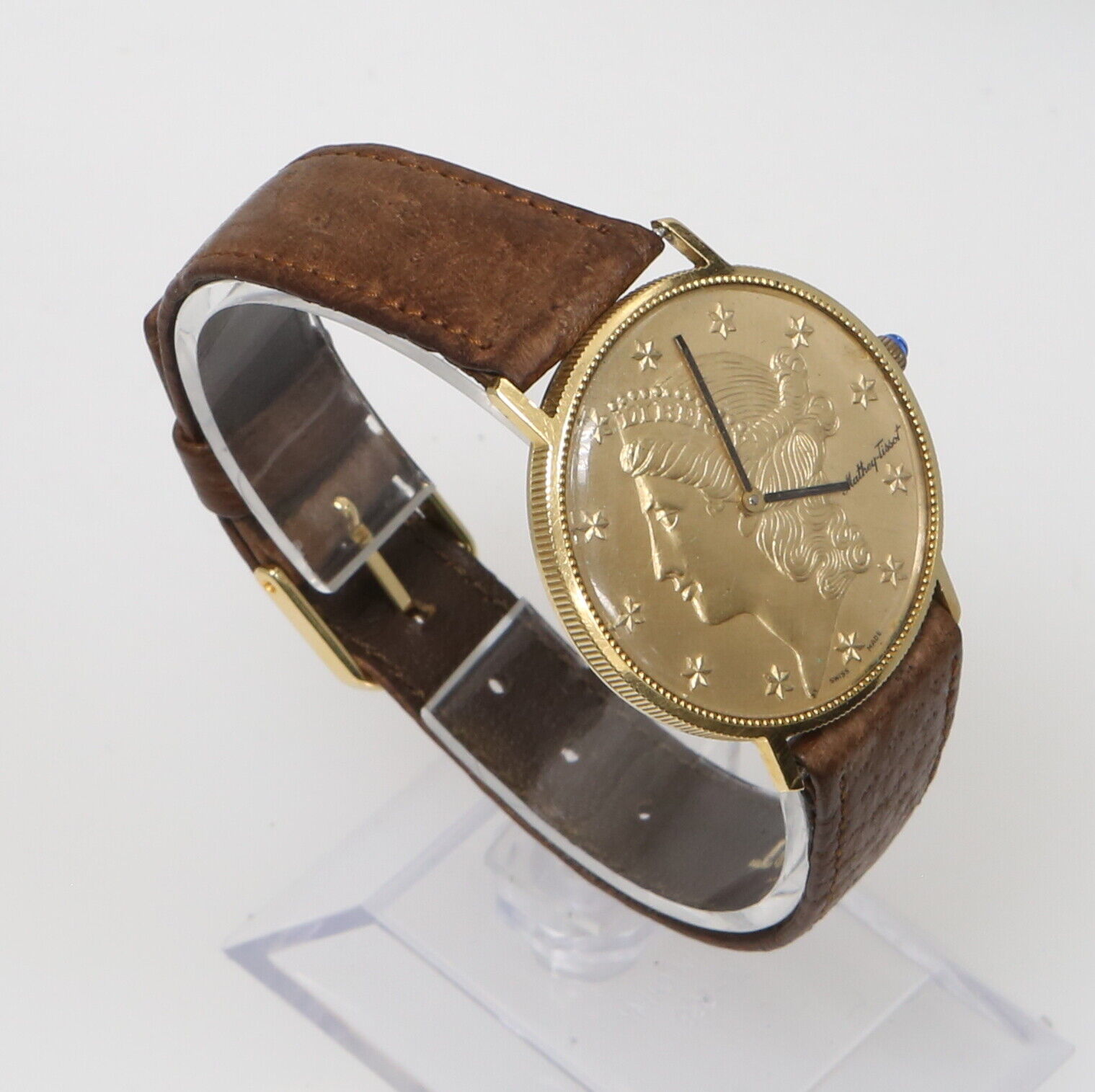 Vintage 18k Gold Mathey-Tissot Liberty Coin Watch 34mm Manual Wind