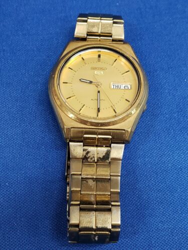 Gold Tone Men s Seiko 5 Automatic Wristwatch 7S26 8760 Runs