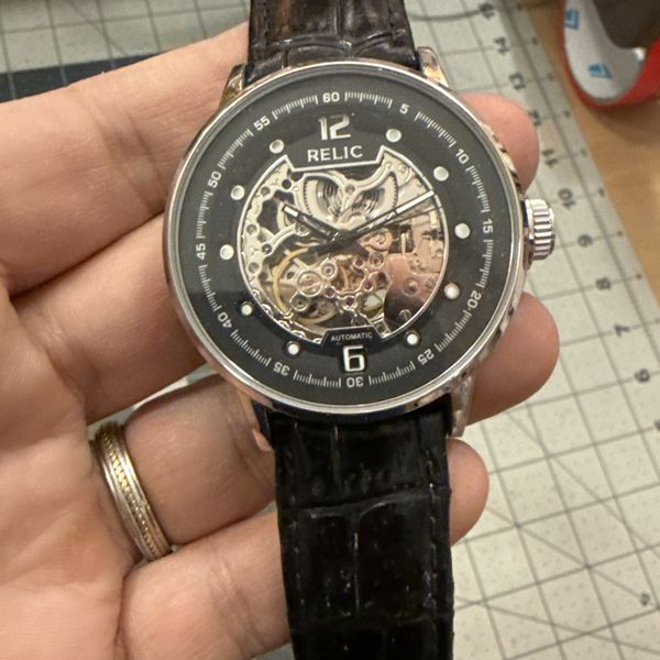 Relic by Fossil Menâ s Automatic Skeleton Dial Leather 43mm Steel Watch ...