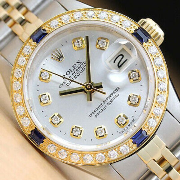 LADIES ROLEX DATEJUST 18K YELLOW GOLD SAPPHIRE DIAMOND & STEEL SILVER ...