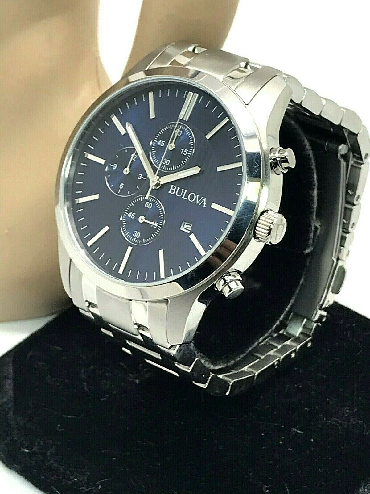 Bulova Men's Watch 96B306 Quartz hotsell Chronograph Blue Dial Silver