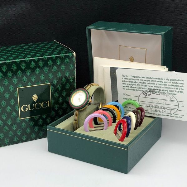[N MINT W/Full Set] Gucci Change Bezel 12 Colors Gold Watch 6.5 inch ...