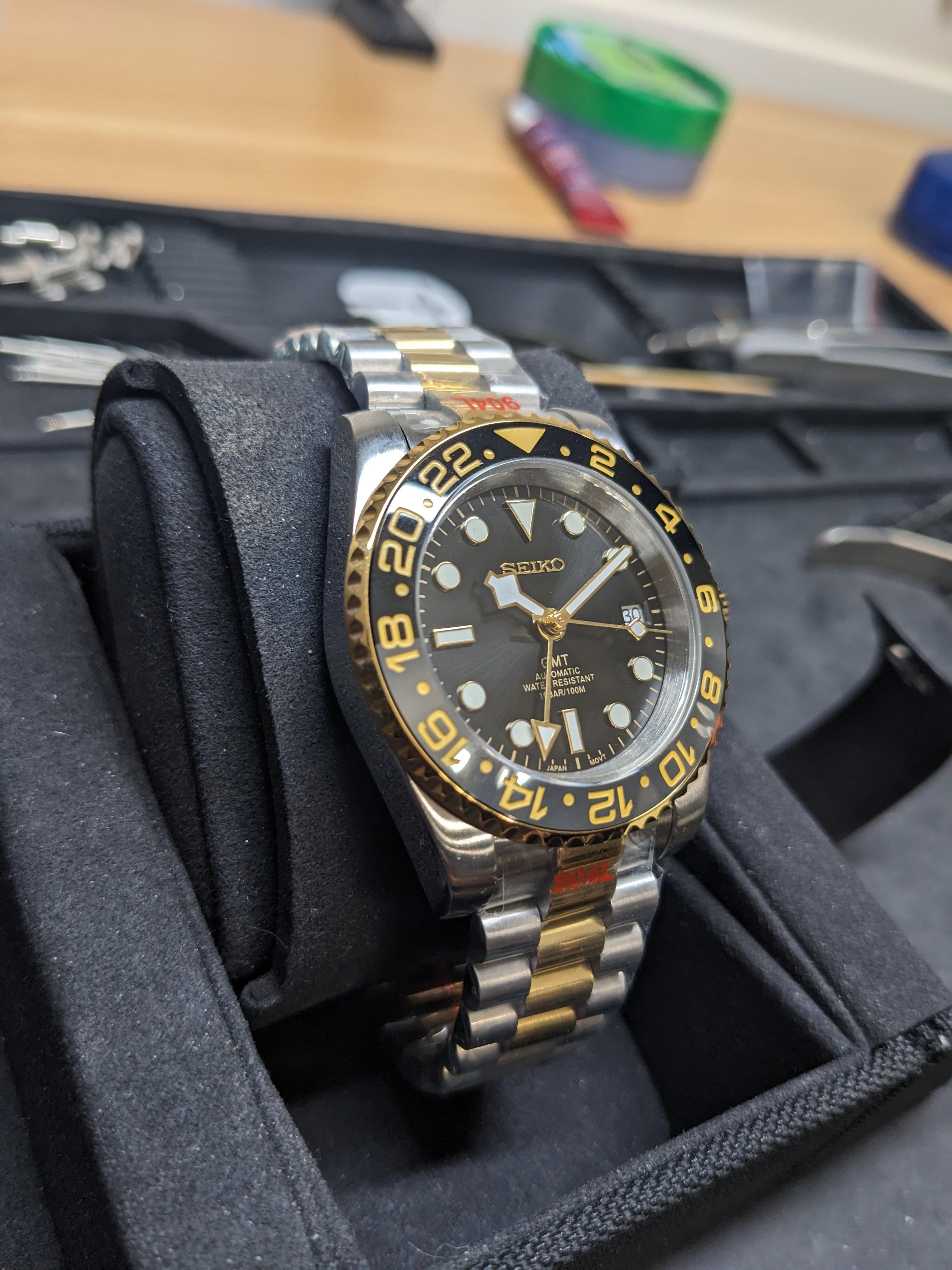 WTS] Custom GMT Mod: Two Tone Yellow Gold Black/Gray Bezel- Seiko