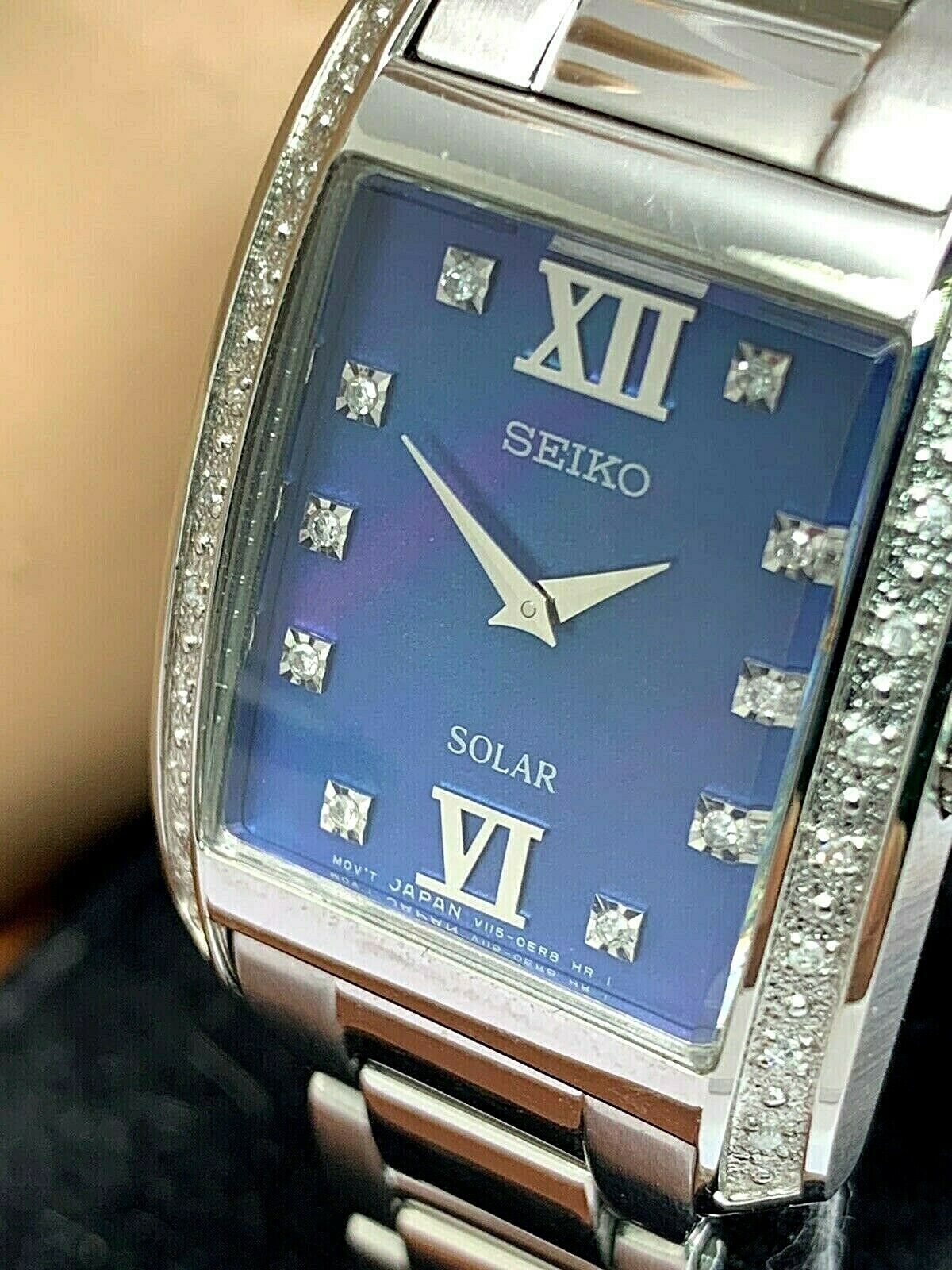 Seiko Women's Watch SUP401 Solar Diamond Dial Bezel Blue Mother of