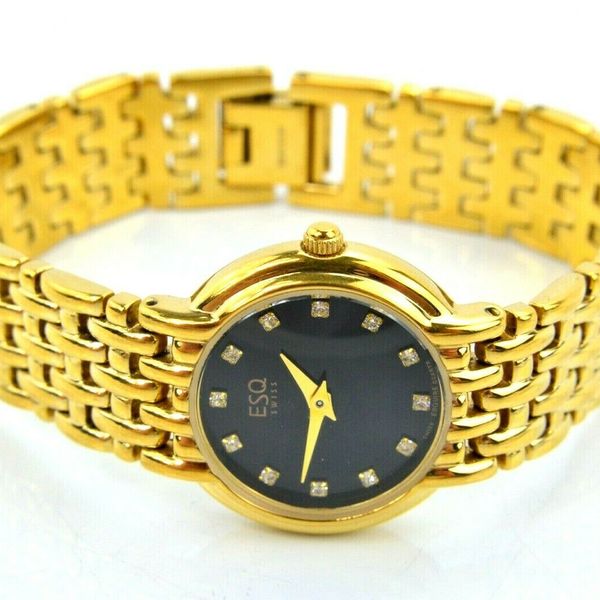 Swiss ESQ Ladies Gold-Tone Bracelet Black Dial Quartz Watch  display picture 1