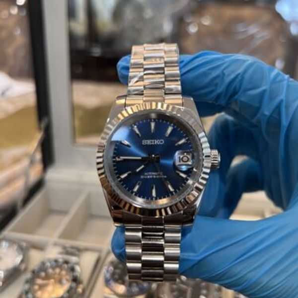 CUSTOM SEIKO MOD BLUE FACE DATEJUST FLUTED NH35 AUTOMATIC 39MM 