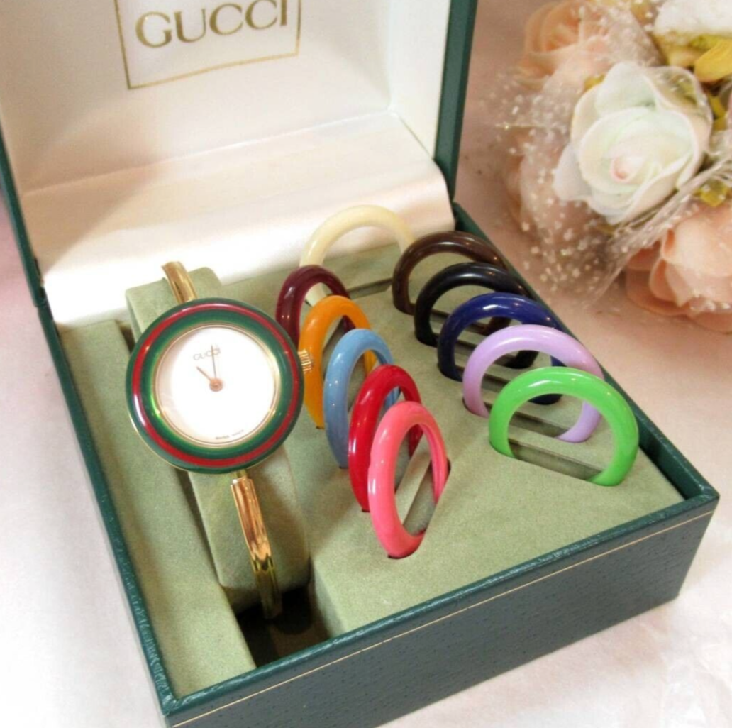 Gucci Change Bezel 12 Colors White / Gold Dial Women Watch in Box