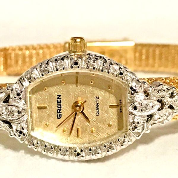 Vintage Gruen Quartz Genuine Diamonds Bezel Gold Plated Ladies Dress
