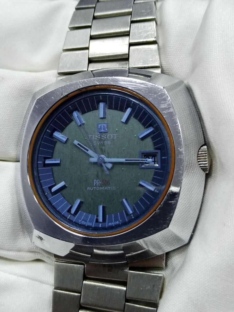 Vintage Tissot Pr 518 Automatic Wrist Watch Hau Blue Glass