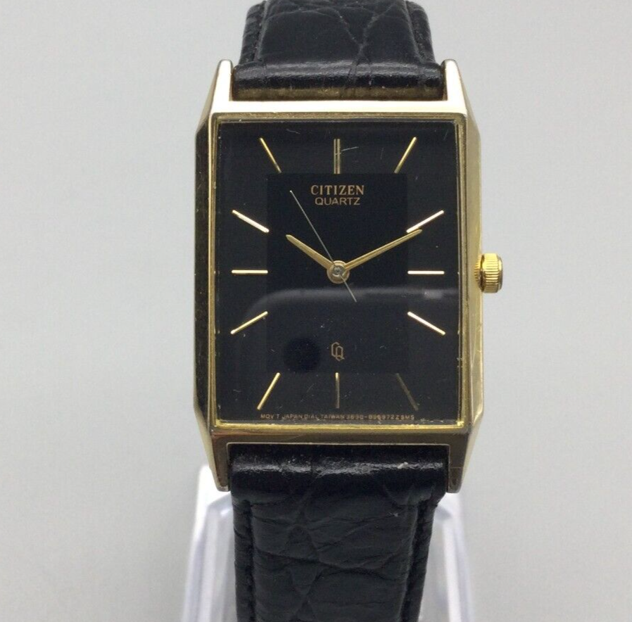 Vintage Citizen Tank Watch Men Gold Tone Black Dial Leather Band