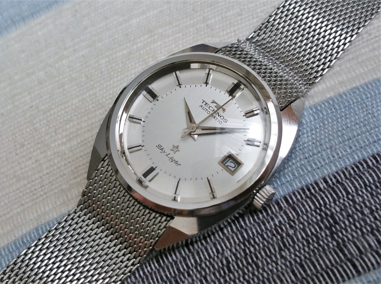Vintage Swiss Technos Sky Light automatic watch in steel, pie pan 