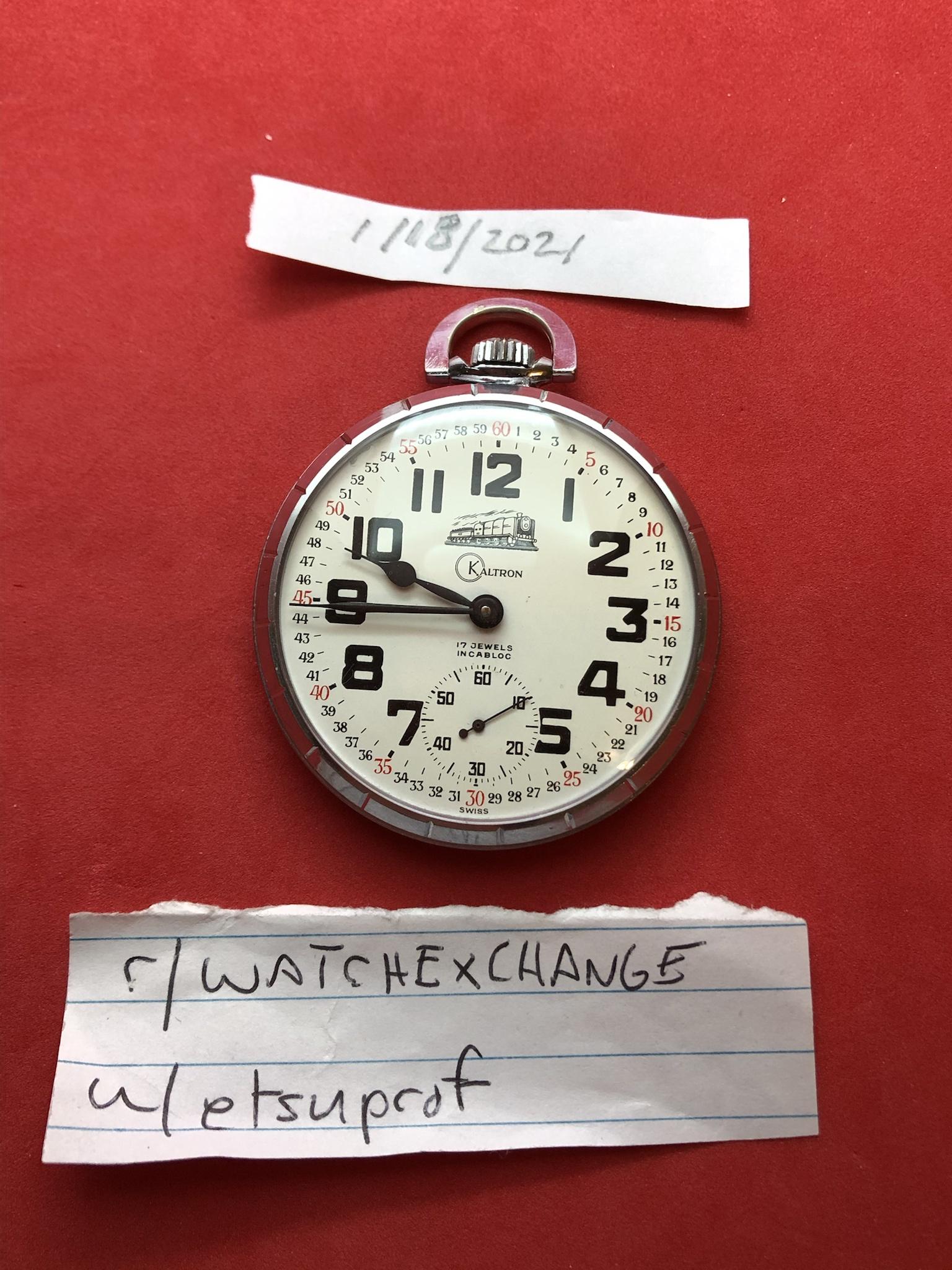 WTS Swiss made Railroad themed Kaltron Open faced pocket watch