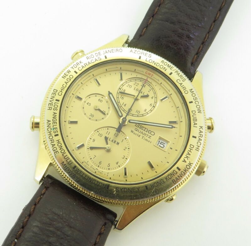 Vintage Seiko World Timer Chronograph Quartz Men s Watch 5T52 7A20