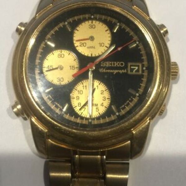 Seiko 7T32-6G43 Analogue Quartz Chronograph date gold black dial