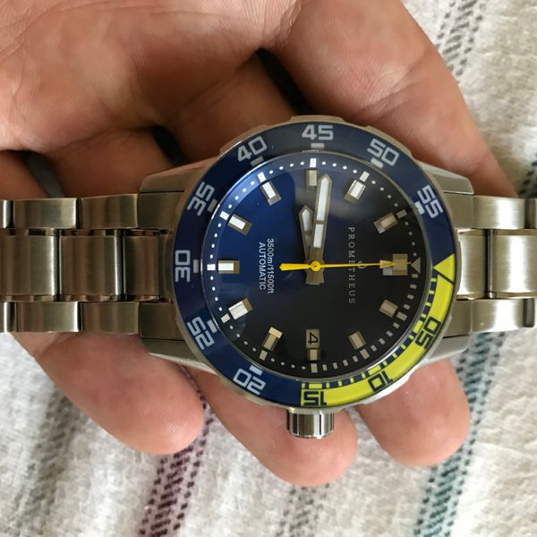 Prometheus Blue SOLD**** Prometheus Poseidon Blue/Yellow 3500m Diver on SS ...
