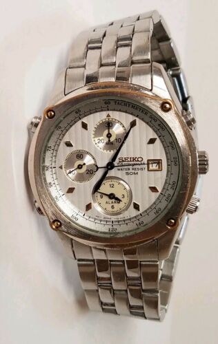 1円 セイコー QZ 7T32-6J50 クロノグラフ 50M 黒文字盤 デイト メンズ