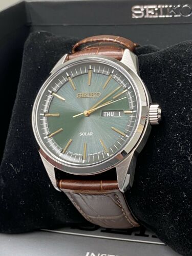 Seiko Men's Solar Essentials Green Dial Brown Leather Watch SNE529 ...