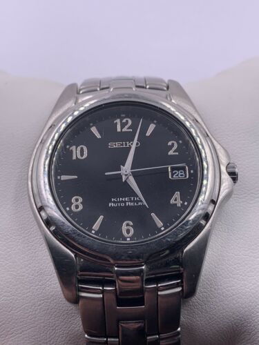 Mens Seiko Kinetic Auto Relay Date Stainless Steel Watch 5J22