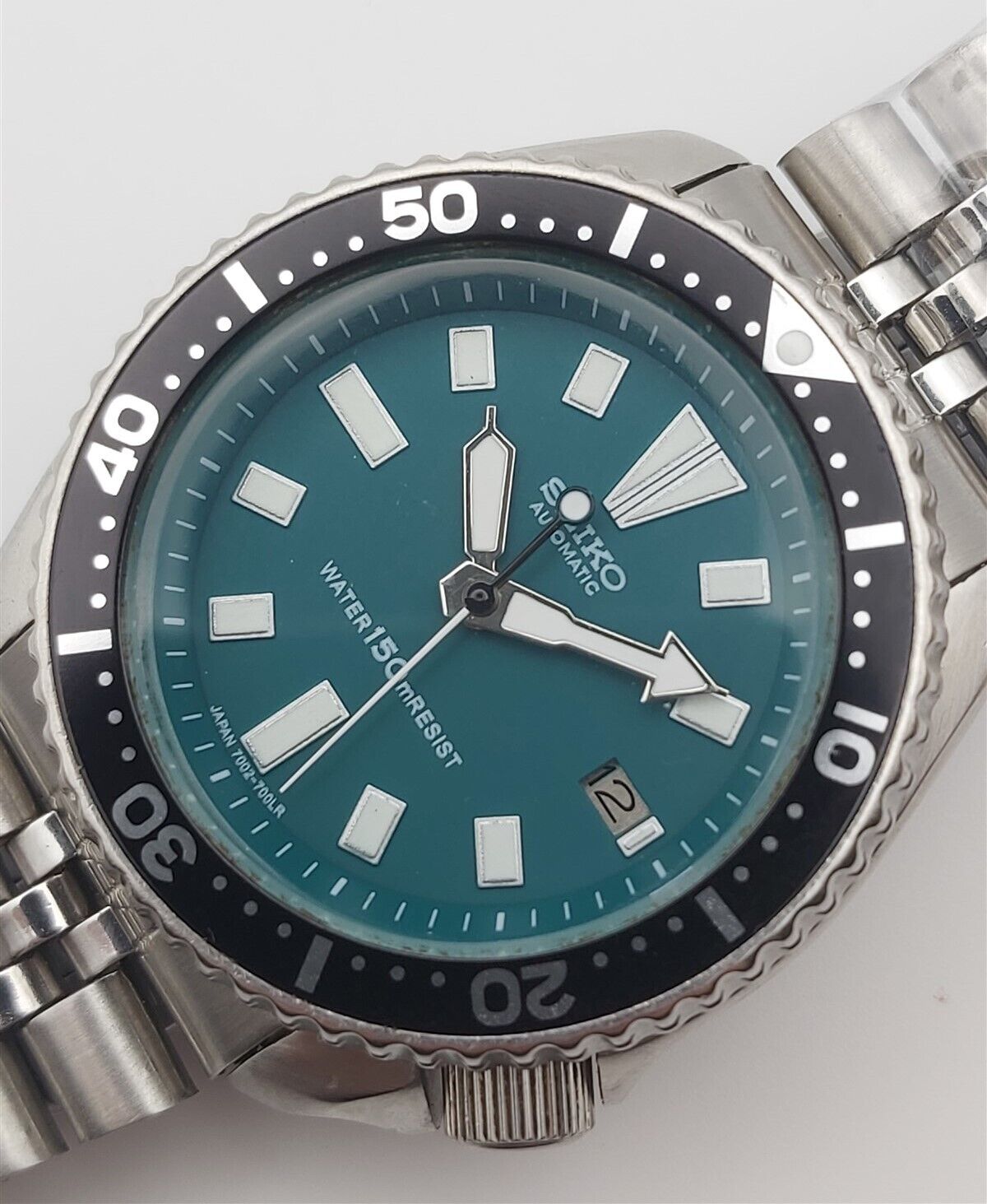 93 SEIKO 7002 7000 SS MENS DATE AUTO DIVE BLACK 380091 GREEN DIAL