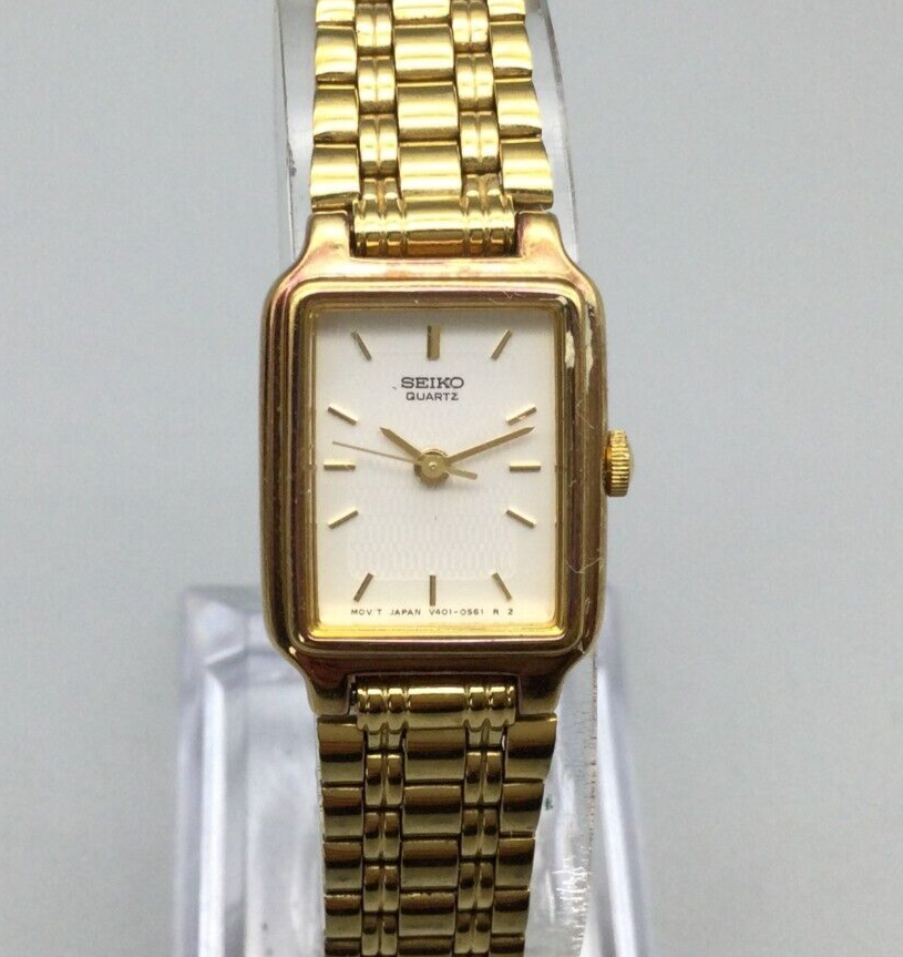 Vintage Seiko Tank Watch Women 17mm Gold Tone V401 5129 New