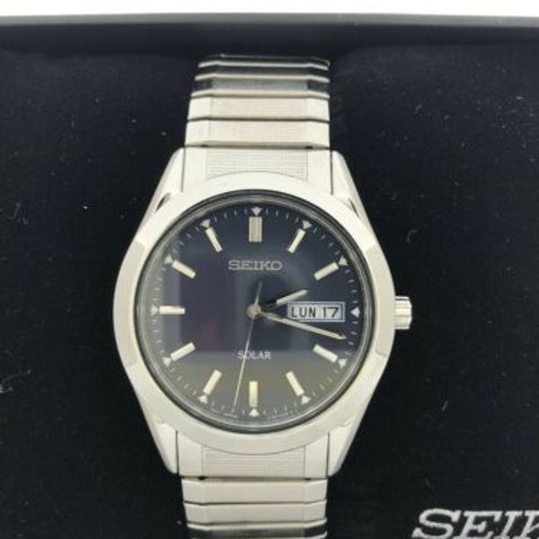 New Seiko Men s SNE057 Solar Blue Dial Watch Expansion Band Silver Tone WatchCharts Marketplace