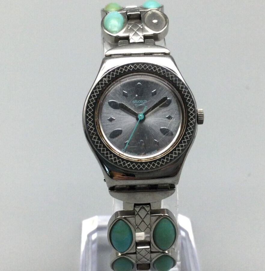 Swatch Irony Watch Women Swiss Silver Tone Green Stone Band  display picture 1